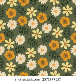 Floral seamless pattern. Stylized flowers and leaves. Foliage surface design featuring allover print bohemian flowers artwork of wild blossom on dark olive green background. 