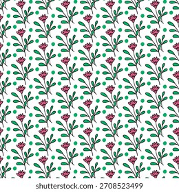 Patrón floral sin fisuras con flores estilizadas, hojas y decoración de puntos