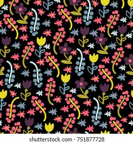 Floral seamless pattern. Stylized flowers on black background. Vector.