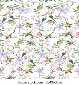 Floral seamless pattern with stylized forest flowers and herbs. Endless texture for your design, decoration,  greeting cards, posters,  invitations, advertisement.