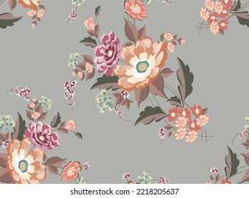 Floral seamless pattern with stylized garden (field) orange and pink flowers  (zinnia, daisies, Cosmos flowers) in pastel colors on a gray background. Vector drawing. 