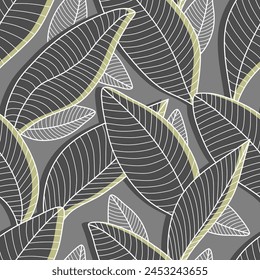 Floral seamless pattern with stylized leaves. Background Curved lines Leaves grey and green. Vector illustration for your design.