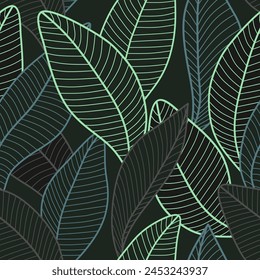 Floral seamless pattern with stylized leaves. Background Curved lines Leaves black and green. Vector illustration for your design.