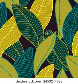 Floral seamless pattern with stylized leaves. Background Curved lines Leaves yellow and green. Vector illustration for your design.