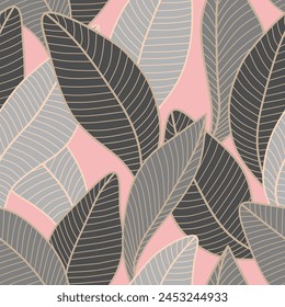 Floral seamless pattern with stylized leaves. Background Curved lines Leaves grey and pink. Vector illustration for your design.