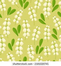 Patrón floral sin fisuras con lirio estilizado del valle y hojas sobre un fondo neutro. Adecuado para imprimir en tela, textil, papel de envoltura, papel pintado decorativo, embalaje, invitaciones.