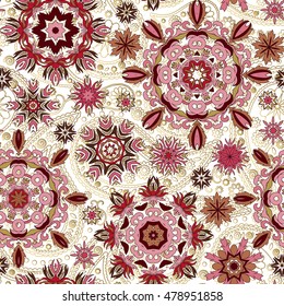 Floral seamless pattern with stylized snowflakes. Pink gold brown snowflake on white background.