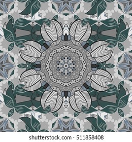 Floral seamless pattern with stylized snowflakes. Mandala floral background. Vector illustration. Gray