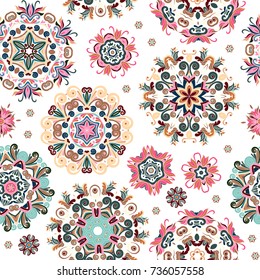 Floral seamless pattern with stylized snowflakes. Delicate pastel snowflake on white background.