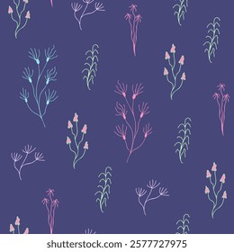 Floral seamless pattern with subtle hand-drawn branches on a deep blue background. Doodle hand-drawn floral background