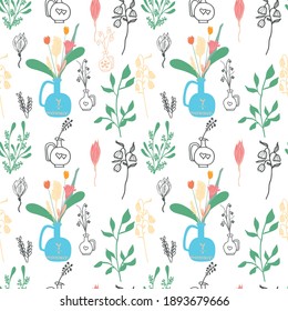 Floral seamless pattern in summer colors on a white background. flat and doodle styles mixed objects. blue ancient vase. Green plats. Pink flowers