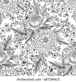 Floral seamless pattern. Summer Flower bouquet decor. Engraving background