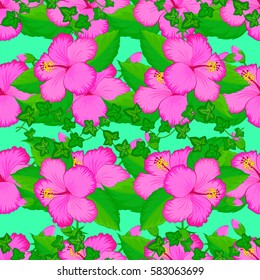 Floral seamless pattern with summer flowers on green background. Endless vector texture for romantic design, decoration, greeting cards, posters, invitations, wrapping, for textile print or fabric.