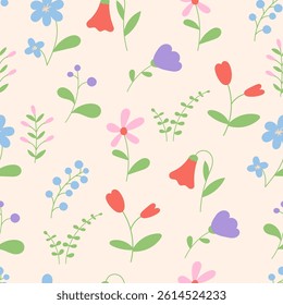 Floral seamless pattern. Summer hand drawn flower. Wildflower and leaves. Floral seamless background. Garden plant illustration
