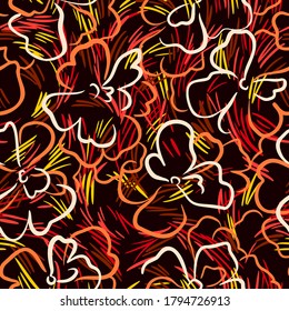 Floral seamless pattern. Summer nature botanical background. Large daisy flowers mixed with geometric curved dashed lines texture. Outline contour drawing. Good for textile and fabric.