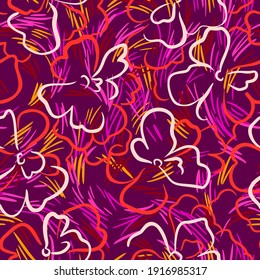 Floral seamless pattern. Summer nature botanical background. Large daisy flowers mixed with geometric curved dashed lines texture. Outline contour drawing. Good for textile and fabric.