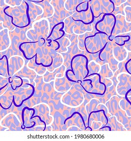 Floral seamless pattern. Summer nature botanical background. Large daisy flowers mixed with leopard print skin spotted texture. Outline contour drawing. Good for textile and fabric.