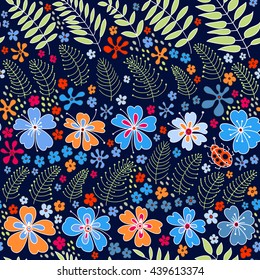 Floral seamless pattern summer night, hand drawn vector color graphics. Herbal form, flowers, leaves, ladybug on a dark blue background.