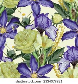 Floral seamless pattern with summer and spring plants. Vector botanical illustration. Violet yellow garden flowers.