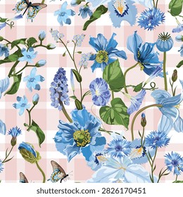 Floral seamless pattern with summer and spring blue flowers. Vector botanical illustration. Pink checkered background.