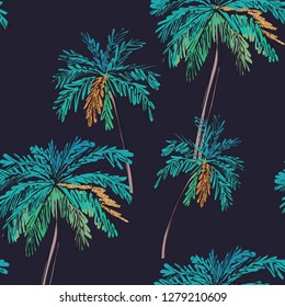 Floral seamless pattern. Summer tropical palm trees background. Jungle print with gold glitter elements. Vector illustration
