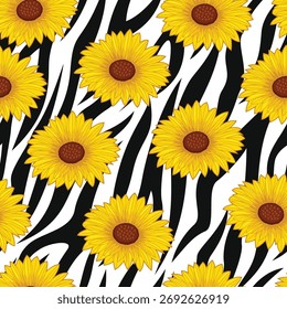 Padrão floral sem emenda com flor de sol no fundo de pele de zebra abstrata	
