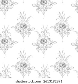 Floral seamless pattern with Sunflowers. Sunflowers background. Sunflower pattern. Sunflower hand drawn line art design. Elegant seamless background minimalist style