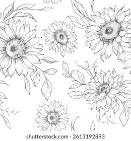 Floral seamless pattern with Sunflowers. Sunflowers background. Sunflower pattern. Sunflower hand drawn line art design. Elegant seamless background minimalist style