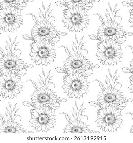 Floral seamless pattern with Sunflowers. Sunflowers background. Sunflower pattern. Sunflower hand drawn line art design. Elegant seamless background minimalist style