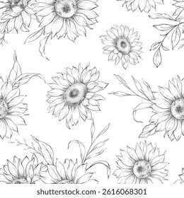 Floral seamless pattern with Sunflowers. Sunflowers background. Sunflower pattern. Sunflower hand drawn line art design. Elegant seamless background minimalist style