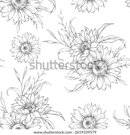 Floral seamless pattern with Sunflowers. Sunflowers background. Sunflower pattern. Sunflower hand drawn line art design. Elegant seamless background minimalist style