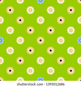 Floral seamless pattern, sunflowers, daisies and forget-me-nots, diagonal-angular, on a green background. Realistic flower pattern. Floral summer prints. Summer floral prints. Flat vector illustration