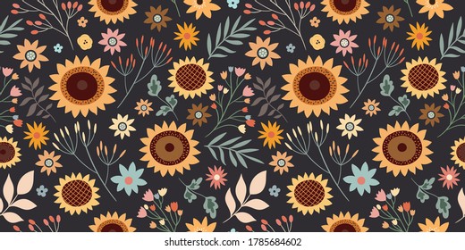 Floral seamless pattern with sunflowers and plants