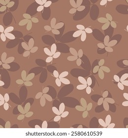 Floral seamless pattern. Surface pattern design of abstract monochromatic leaves. Allover print foliage leafy texture on coffee mocha brown color background. 