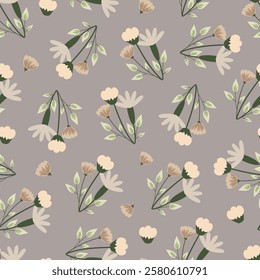 Floral seamless pattern. Surface pattern design of stylized flowers bloom. Allover print flowery texture on gray martini color background. 