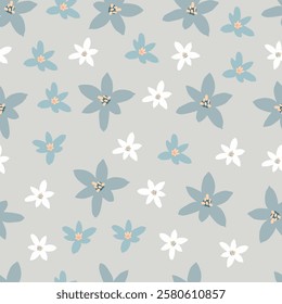 Floral seamless pattern. Surface pattern design of blue scandi flowers. Allover print flowery texture of wildflowers blossom artwork on light gray color background. 