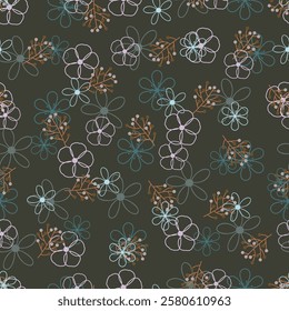 Floral seamless pattern. Surface pattern design of stylized line flowers and berries. Allover print flowery texture of wildflowers blossom artwork on dark gray color background.