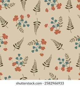 Floral seamless pattern. Surface pattern design of abstract multicolor leaves. Allover print foliage leafy texture on beige color background. 