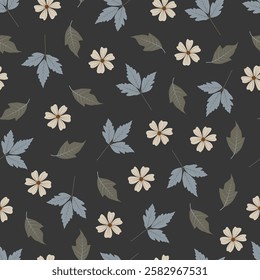 Floral seamless pattern. Surface pattern design of stylized wildflowers bloom. Allover print flowery texture of flowers and leaves on dark gray color background. 