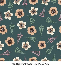 Floral seamless pattern. Surface pattern design featuring stylized flowers and branchlets. Allover print flowery texture on mineral green color background. 