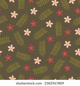 Floral seamless pattern. Surface pattern design of abstract scandi flowers and branchlets. Allover print flowery texture of wildflowers blossom artwork on hemlock color background.