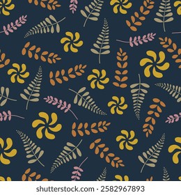 Floral seamless pattern. Surface pattern design of abstract flowers and branchlets. Allover print flowery texture of wildflowers blossom artwork on navy blue color background.