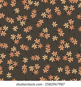 Floral seamless pattern. Surface pattern design of abstract stylized flowers. Allover print flowery texture of wildflowers blossom artwork on dark lava color background.