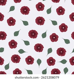 Floral seamless pattern. Surface pattern design featuring stylized flowers and leavess. Allover print flowery texture on white color background.  