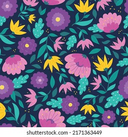 floral seamless pattern. Surface print design with abstract flowers and elaves on dark blue background. Textile, wrapping paper, wallpaper, background, stationary, scrapbooking, bedding, kids apparel.