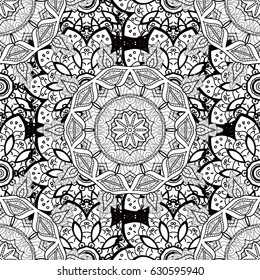 Floral seamless pattern with swirl. Brown linear background. Decorative illustration for print, web. Brown background.