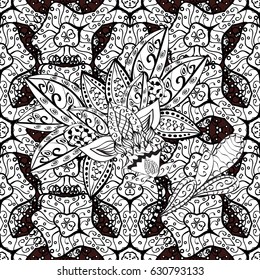 Floral seamless pattern with swirl. Brown linear background. Decorative illustration for print, web. Brown background.