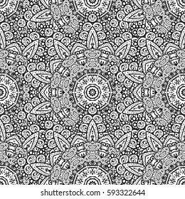 Floral seamless pattern with swirl. Linear background. Decorative illustration for print, web. Background. White doodles.