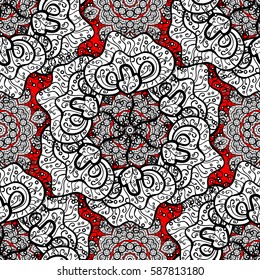 Floral seamless pattern with swirl. Red linear background. Decorative illustration for print, web. Red background.