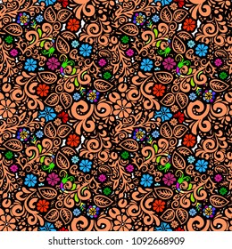 Floral seamless pattern. Swirls background for wrapping, fabric, paper and wallpaper. Vector Illustration of seamless pattern with colorful flowers.